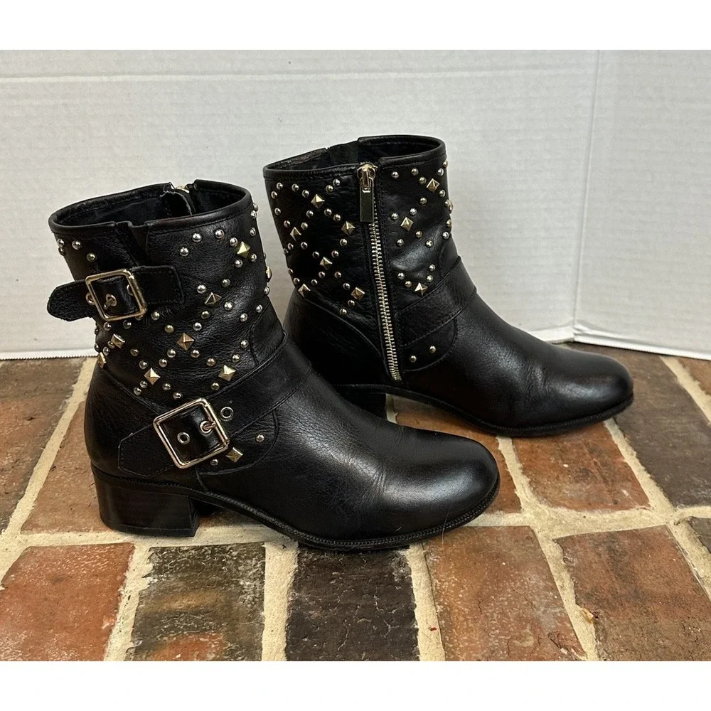 INC INTERNATIONAL CONCEPTS Black Leather And Gold Studded‎ Ankle Boots 6.5